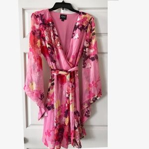 ECI Floral Flare Sleeve Faux Wrap Dress